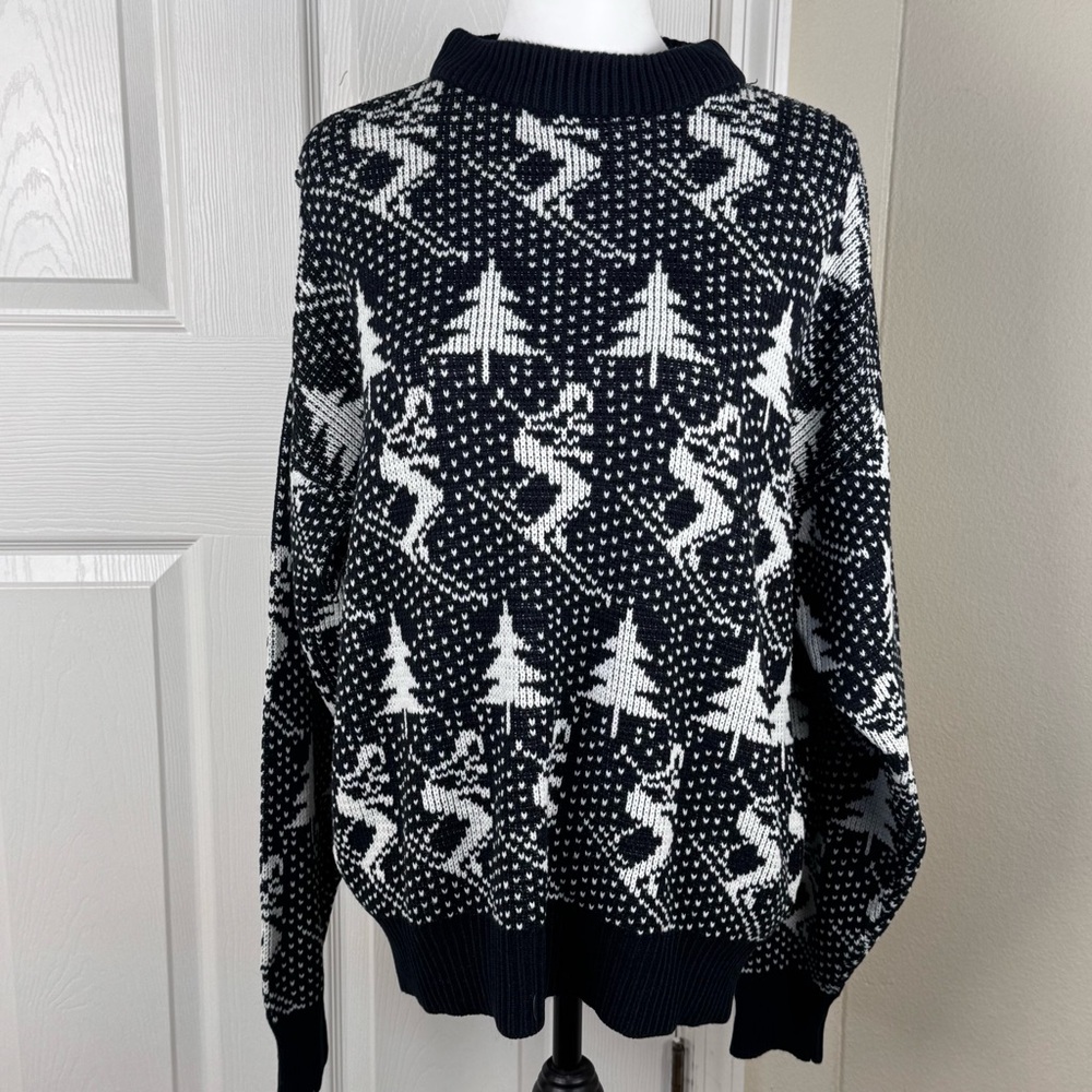 Snowdrift Vintage Ski Christmas Holiday Winter Sweater Black & White Medium